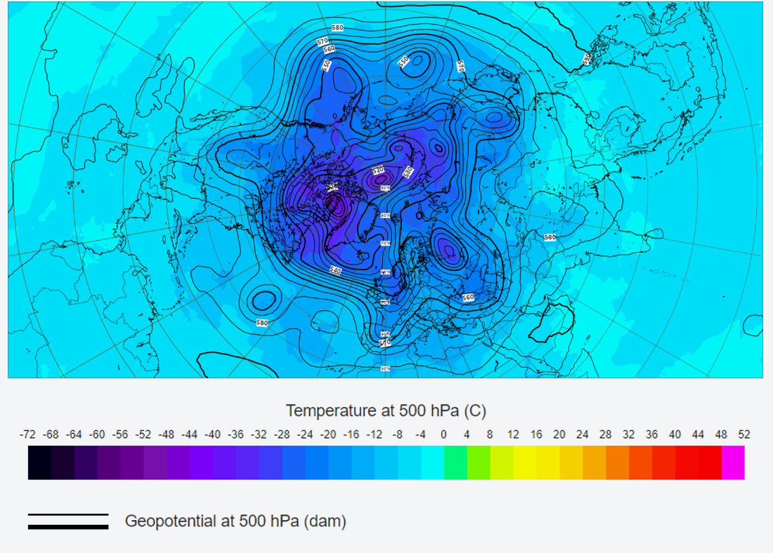 Figura 1. Mapa del ECMWF en el que se muestran las isolíneas del geopotencial de 500 hPa expresadas en decámetros además de la temperatura en °C.