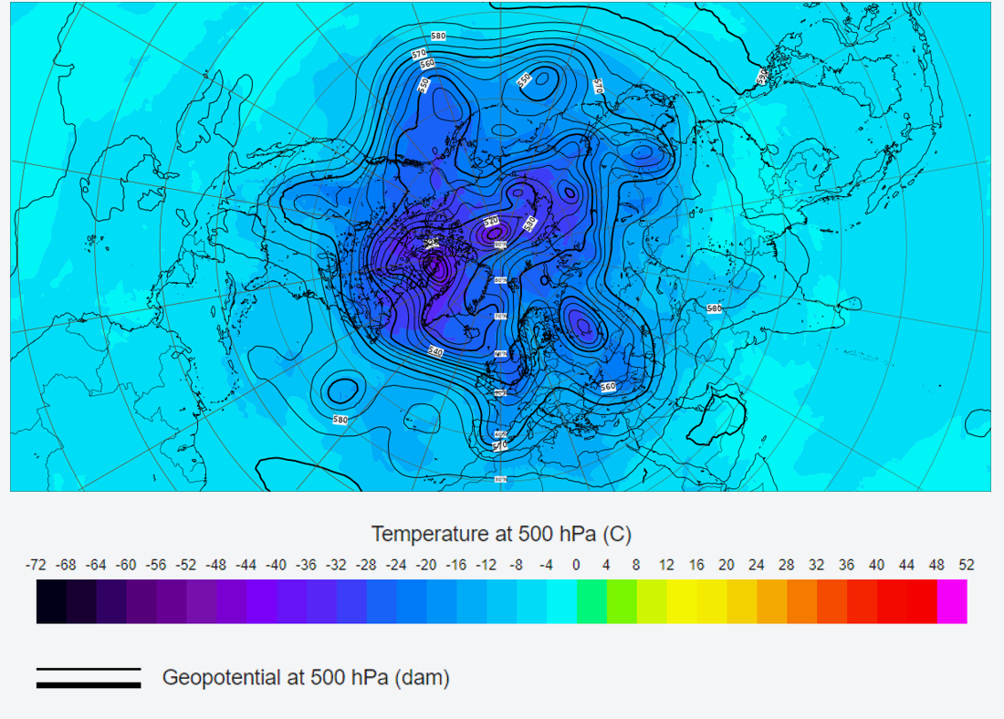 Figure 1. ECMWF map showing the 500 hPa geopotential isolines in decametres and temperature in C.