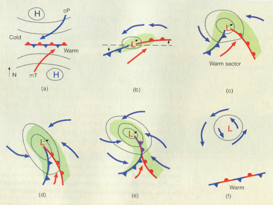 Figure 2(a) to 2(f). Plots showing the formation of mid-latitude cyclonic flows and the associated polar fronts. Source: From C.D. Ahrens, Thomson Publications.