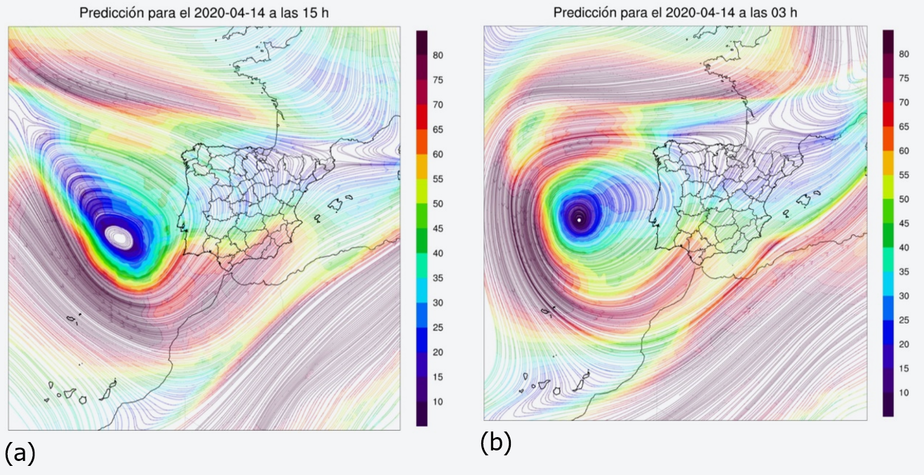 Figuras 3 (a) y 3 (b). Representación del viento en el nivel de 300 hPa de los modelos utilizados por Grupo de Física de la Atmósfera de la Universidad de León. Las zonas con mayores intensidades se corresponden aquellas que presentan velocidades muy altas, signo de la presencia de la corriente en chorro. En la 3 (a) se ve la formación de la DANA y en la 3 (b) cuando se encuentra ya formada. Tanto en un caso como en otro se aprecia el «ojo» que pone de manifiesto la fuerte vorticidad que presenta.