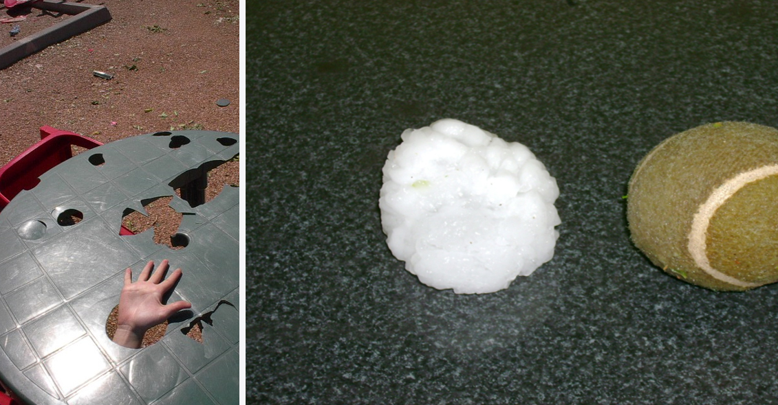 Figura 5. Las consecuencias de una precipitación de granizo ocurrida en Alcañiz el 16 de agosto de 2003. En la de la izquierda se ven los orificios causados en una mesa de PVC y en la de la derecha una de las piedras precipitadas, que es una amalgama de granizos a los que el agua subfundida (conocida como SLW en inglés) unió como si de un pegamento se tratara.
