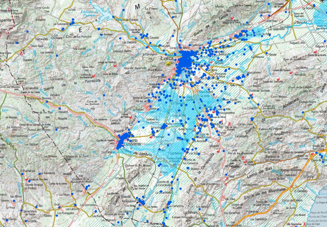 Figura 6. La depresión del Guadalentín, por la que discurre la rambla de Biznaga hasta su desembocadura en el río Guadalentín, aguas abajo de la ciudad de Lorca, con la localización de los siniestros declarados al CCS.