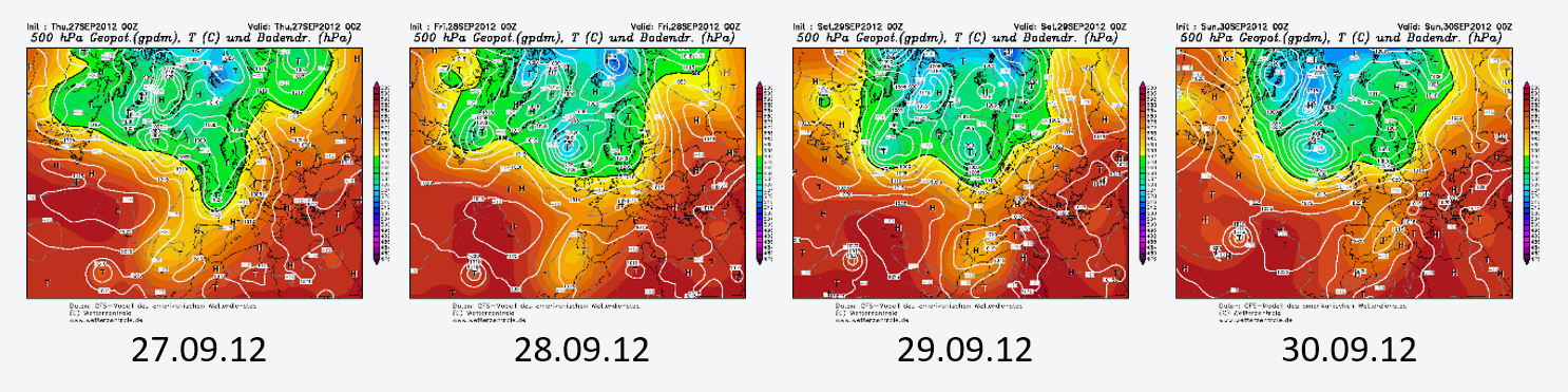 Figura 1. Altura del geopotencial de 500 hPa (m), presión (hPa) y temperatura (° C) en superficie a las 00 UTC (02 AM a hora local) de los días 27 a 30 de septiembre de 2012, según el reanálisis del modelo GFS (Fuente: Wetterzentrale).