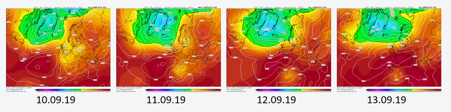 Figura 2. Altura del geopotencial de 500 hPa (m), presión (hPa) y temperatura (° C) en superficie a las 00 UTC (02 AM a hora local) de los días 10 a 13 de septiembre de 2019, según el reanálisis del modelo GFS (Fuente: Wetterzentrale).
