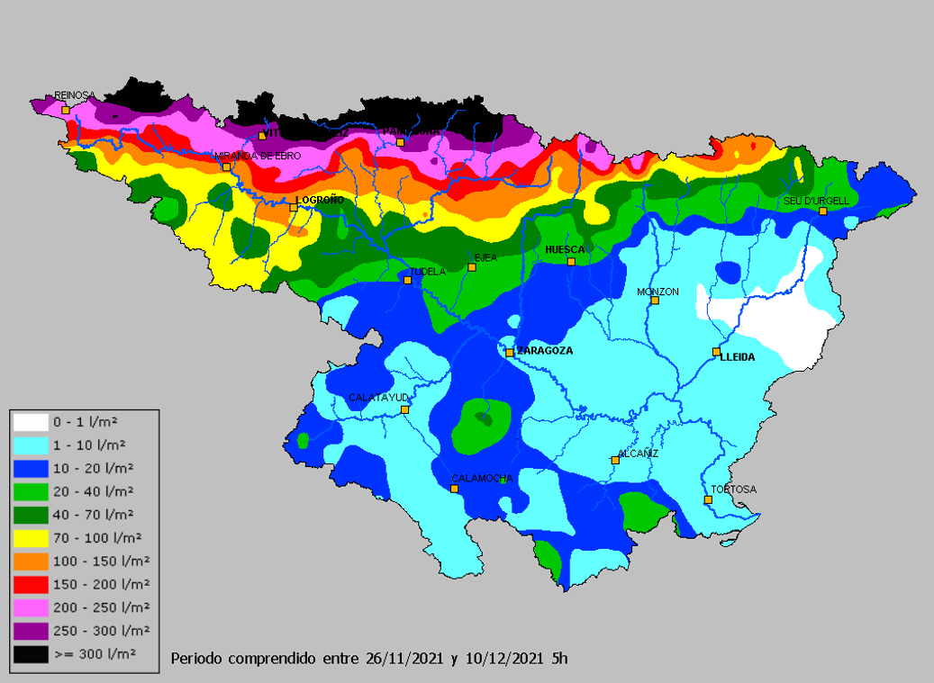 Figura 1. Precipitación registrada en la cuenca del Ebro entre el 21/11/2021 y el 10/12/2021.