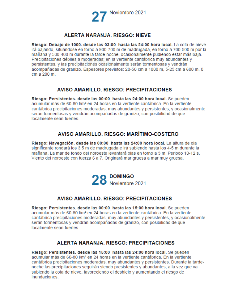 Figura 2. Resumen de alertas meteorológicas en el País Vasco.