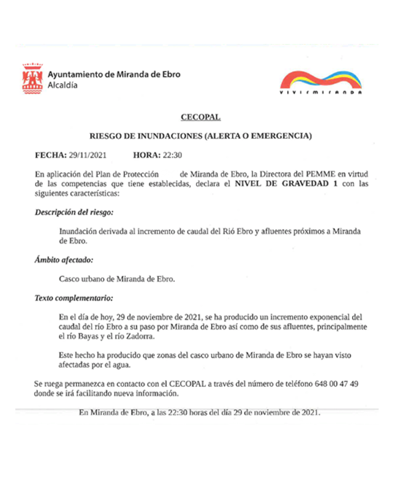 Figura 3. Parte de aviso de riesgo de inundaciones.