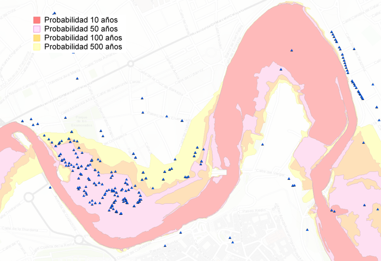 Figure 10. Claim files registered by the CCS and flood risk zones. La Rochapea Quarter, Pamplona. Source: Own research.