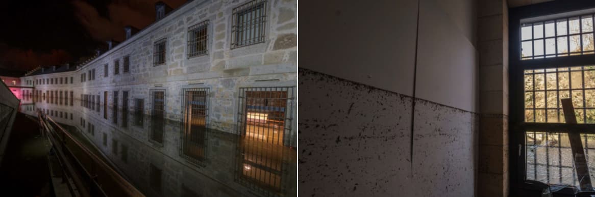 Figura 12. Inundación en el patio inferior y marca de agua tras el evento de 2020. Fuente: Casa de la Moneda.
