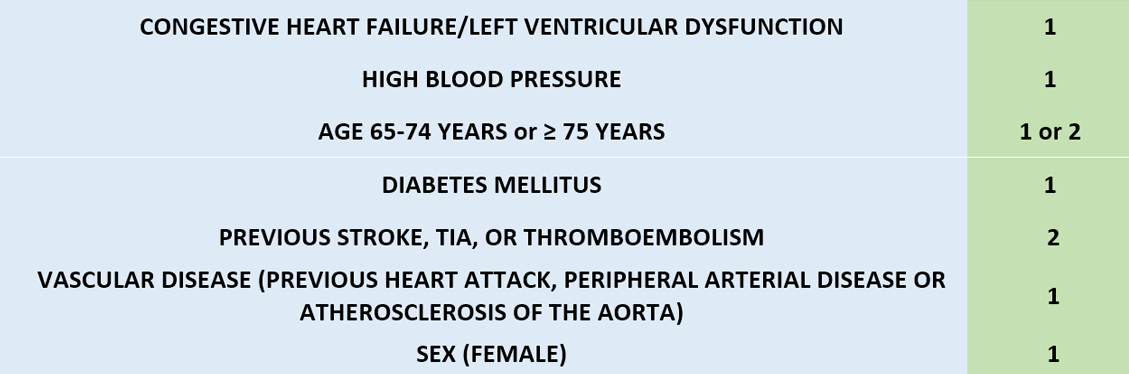 The score of from 1 to 9 points indicates the risk category and percentage risk of suffering a cerebrovascular accident (stroke) per year.