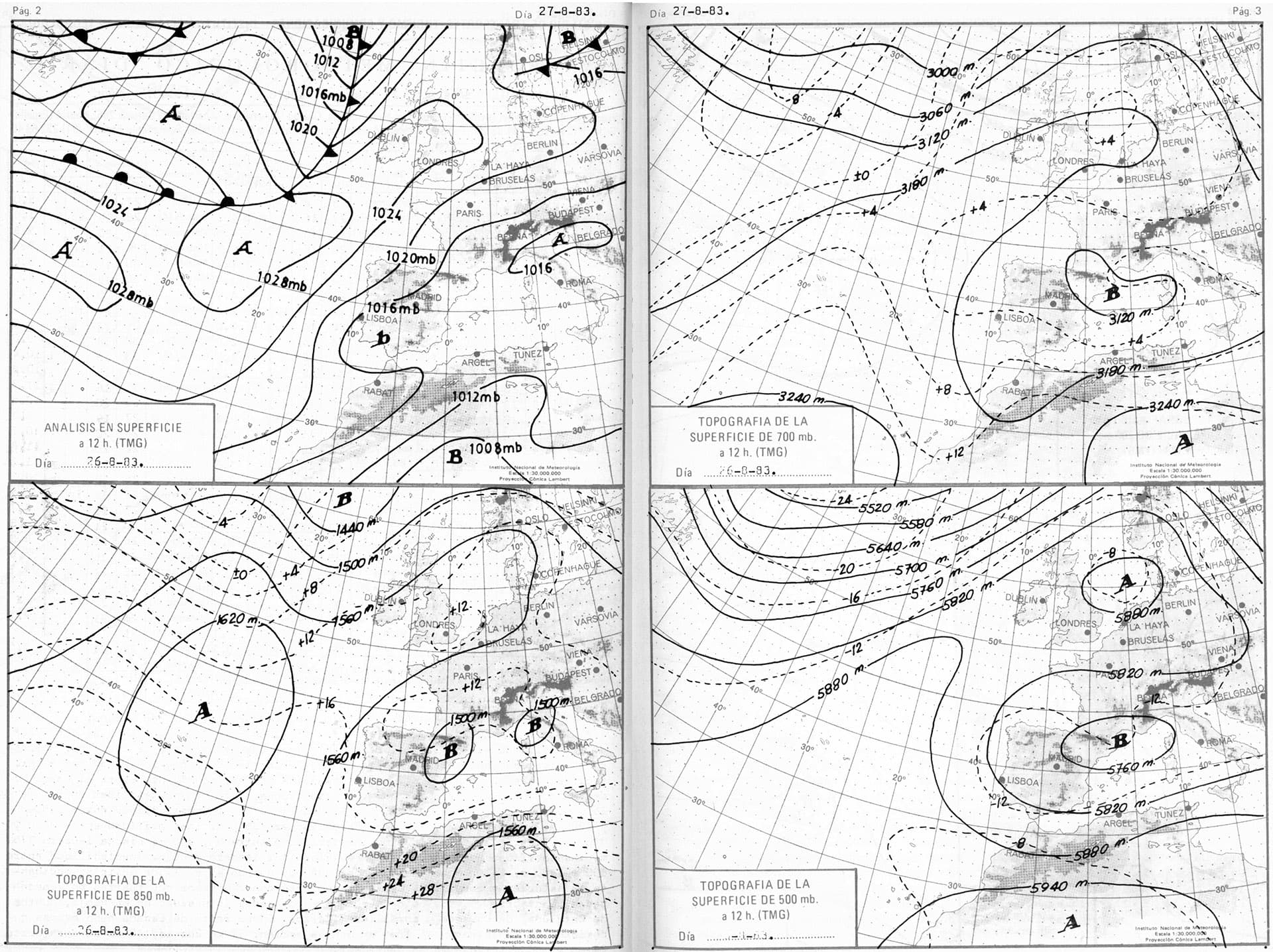 Figure 2. Pressure fields at surface level and 850, 700, and 500-hPa geopotential fields (at altitudes of approximately 1,500, 3,200, and 5,800 m) at 12:00 noon on 26 August 1983 showing a cut-off low at middle and high levels located over the northeastern part of mainland Spain.  Source: National Meteorological Institute's Boletn Meteorolgico Diario [Daily Weather Bulletin] for 27 August 1983.