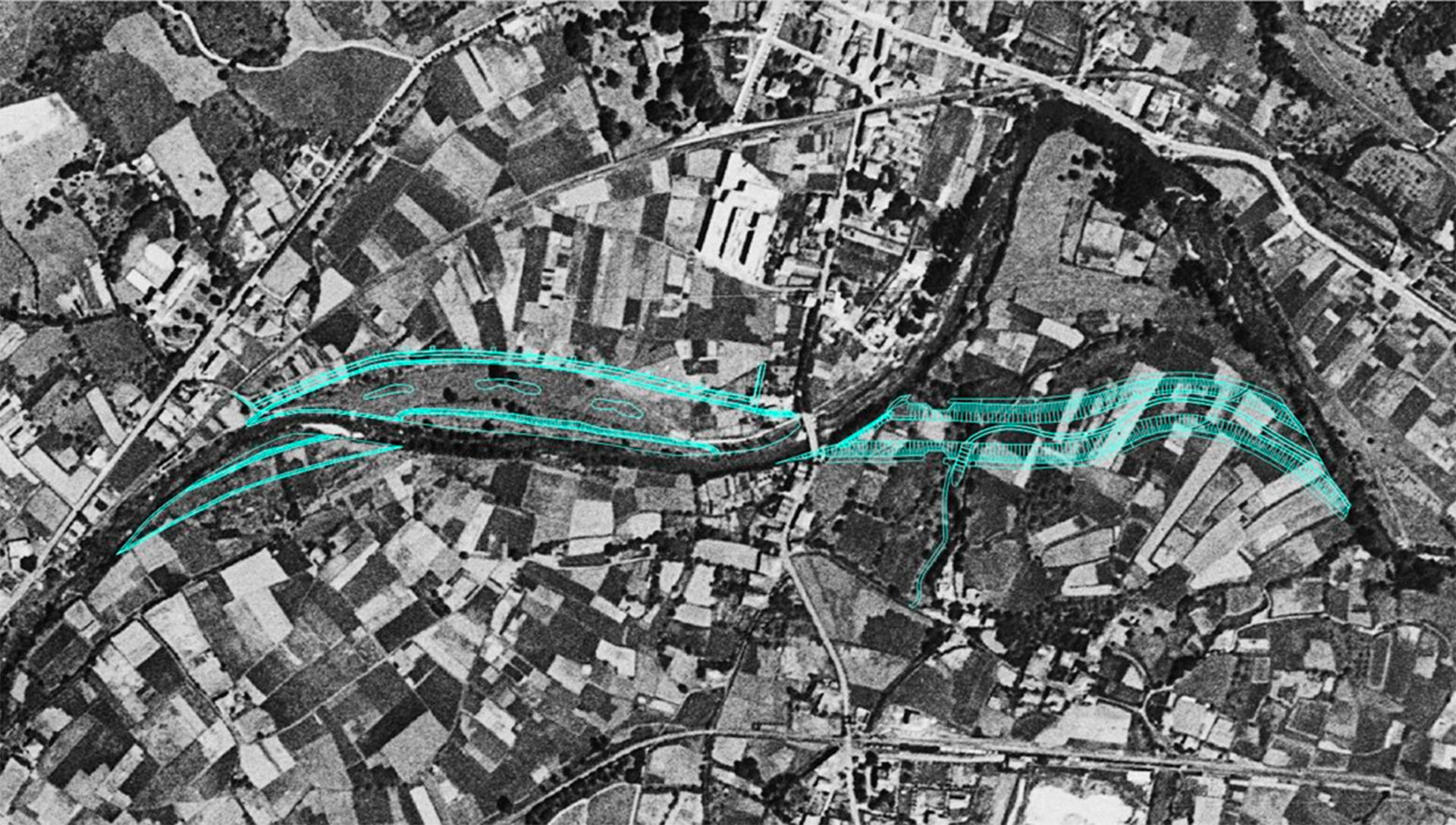 Old aerial photograph of the Cadagua River in Mimetiz (Zalla) with the areas to be recovered to receive flood waters drawn in.