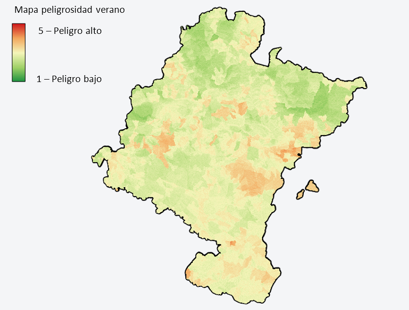 Figura 5. Imagen ilustrativa de un mapa de Navarra sobre la peligrosidad de incendios forestales durante el verano. Fuente: Proyecto Alert-Fire.
