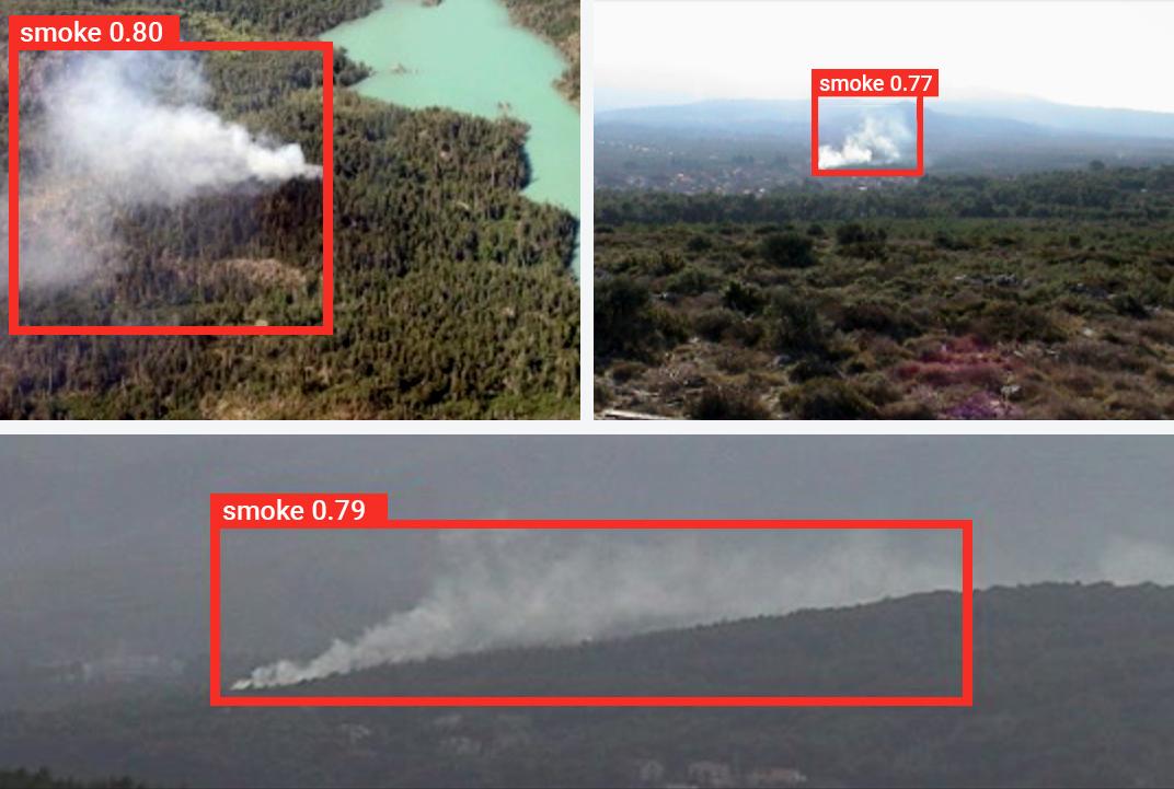 Figura 6. Detección de humo con visión por computador. Fuente: resultados de detección de humo de un modelo propio de Tesicnor sobre las imágenes de un dataset creado por el Center For Wildfire Research University of Split Croatia (http://wildfire.fesb.hr/index.php?option=com_content&amp;view=article&amp;id=49&amp;Itemid=54)