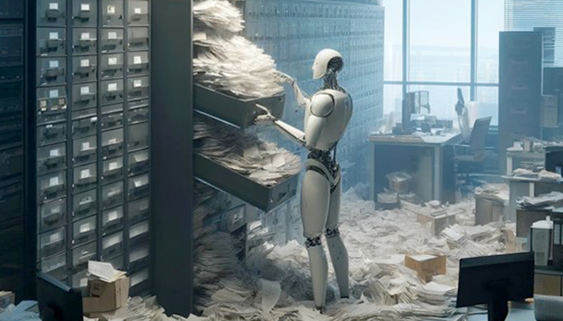 Figura 1. Robot inteligente con capacidades sobresalientes cuya tarea a realizar es ordenar un archivo desbordado, ilustrando así la futilidad de realizar tareas innecesarias con eficiencia. Fuente: imagen generada con Dall-E 3.