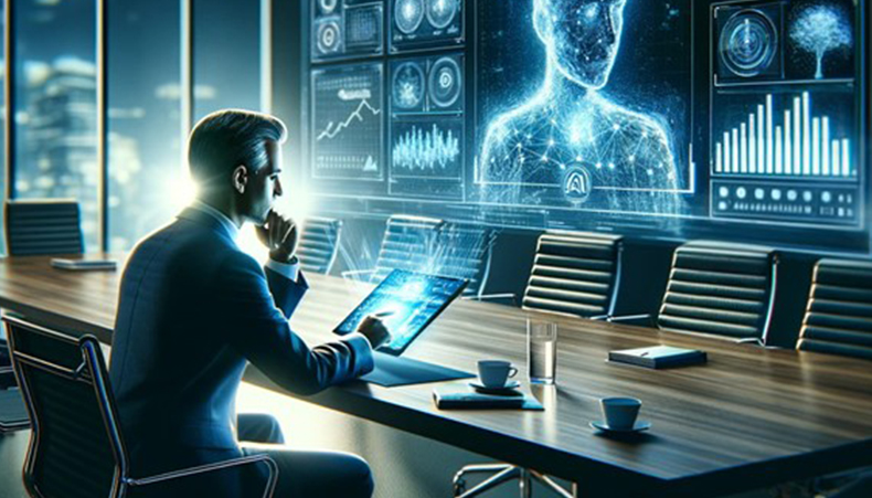 Figura 2. Empresario analizando y tomando decisiones en su empresa con la inestimable ayuda de una IA que actúa como su asistente. Fuente: Imagen generada con Dall-E 3.